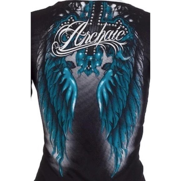 Archaic Affliction Women's T-Shirt Long Sleeve ROSEMARY Tattoo Biker Black Teal - Picture 7 of 7